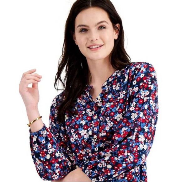 Tommy Hilfiger Womens Navy floral Blouse Size Medium Long Sleeve pleated Chiffon - Picture 1 of 10